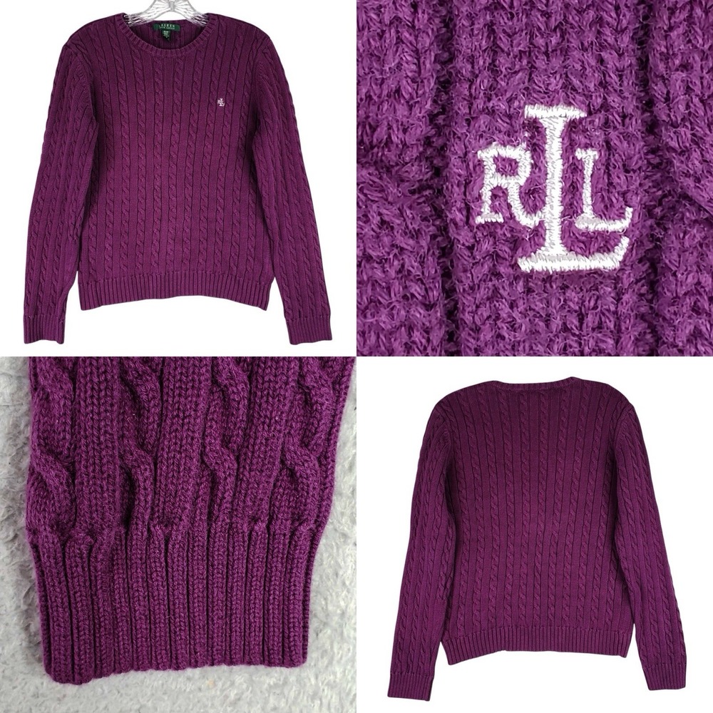 Polo Ralph Lauren Sweater Pullover Women's Size Medium Cable Knit Vtg Purple